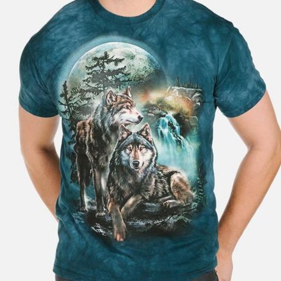 Wolf Lookout Wolves Waterfall Moon Pack Dogs Animal Blue Mountain T-Shirt S-3X - Picture 3 of 6